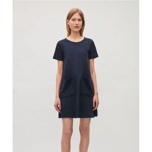 COS Short Sleeve A Line Navy Blue cotton dress pockets sz XS oversized